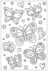 Butterflies design elements set in doodle style. Ornate decorative black and white illustration. Zentangle coloring book page