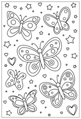 Butterflies design elements set in doodle style. Ornate decorative black and white illustration. Zentangle coloring book page