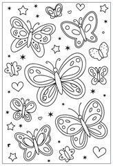 Butterflies design elements set in doodle style. Ornate decorative black and white illustration. Zentangle coloring book page