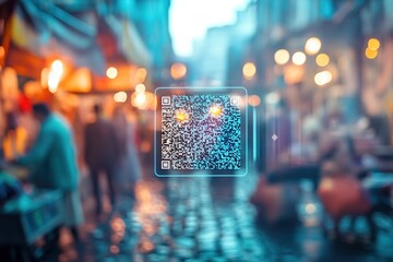 digital wallet qr code being scanned in vibrant urban marketplace framed by blurred vendors and lights