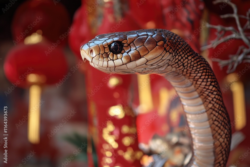 Poster a close-up view of a snake's head with vibrant red lanterns shining bright in the background