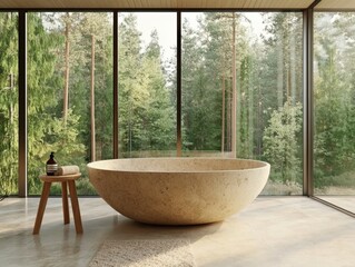 Fototapeta premium A large bathtub with a wooden stool in front of it. The bathtub is made of wood and has a lot of natural light coming in through the windows