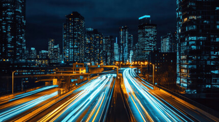 Fototapeta premium Night traffic flow urban cityscape long exposure photography modern environment aerial view