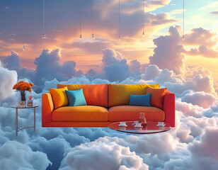 a couch sitting on top of a cloud filled with clouds