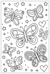 Butterflies design elements set in doodle style. Ornate decorative black and white illustration. Zentangle coloring book page