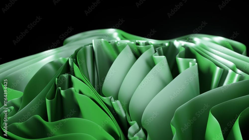 Poster creating an abstract green landscape with wavy shapes forms a stunning and surreal environment, show