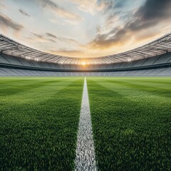 Vast Green Soccer Field Under Dramatic Sunset Sky at Stadium
