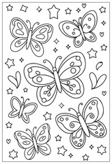 Butterflies design elements set in doodle style. Ornate decorative black and white illustration. Zentangle coloring book page