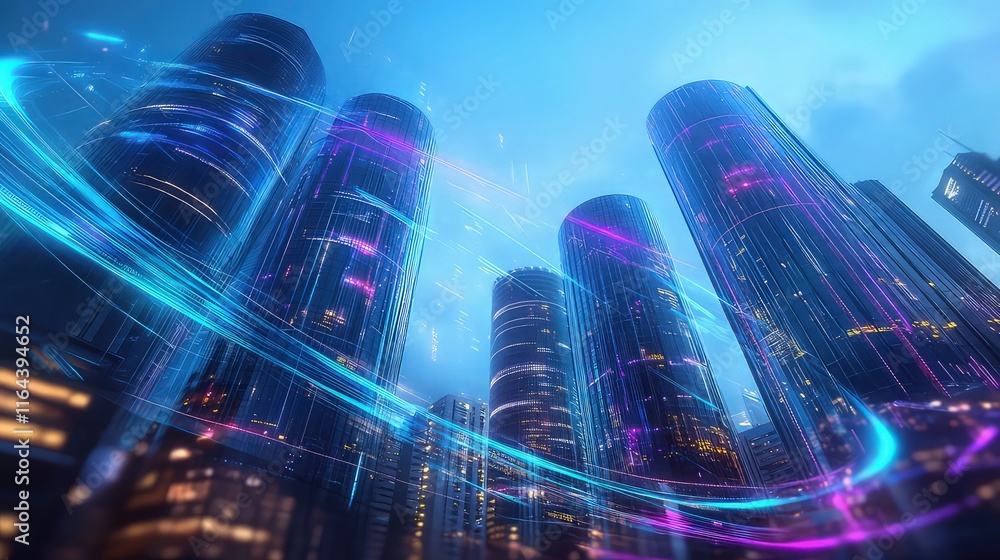 Poster a futuristic city skyline with tall glass buildings glowing with blue and purple lights. digital dat