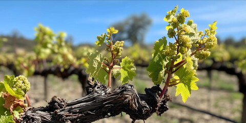 A closeup photo of a vine with a vineyard in the background in spring backlight illumination bright colors and intricate vine details 20 mm 18 lens