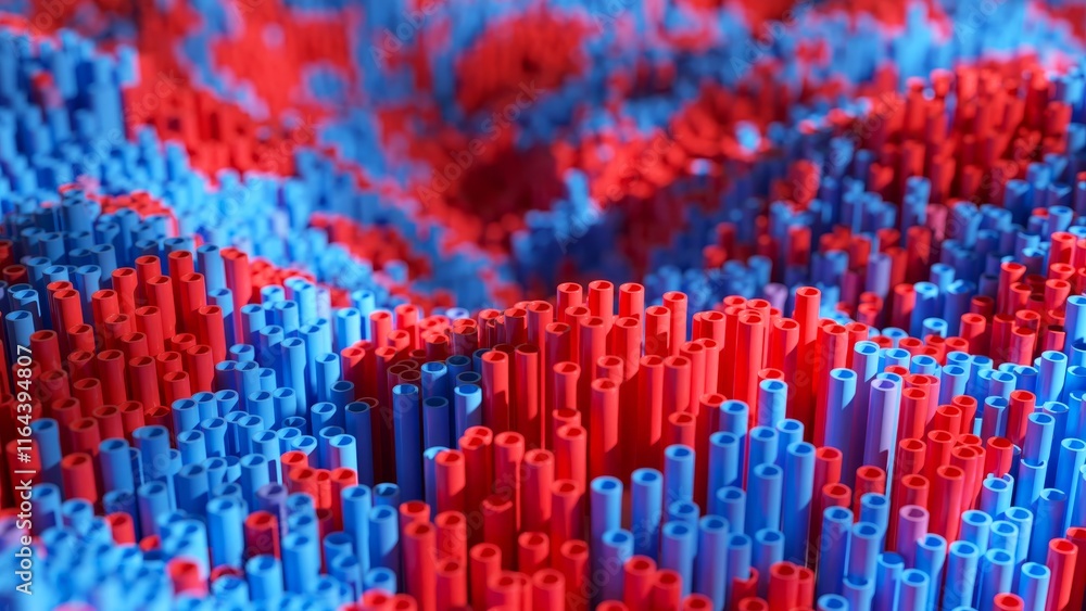 Poster creating an abstract 3d render of a wavy landscape, featuring vibrant red and blue cylinders, result