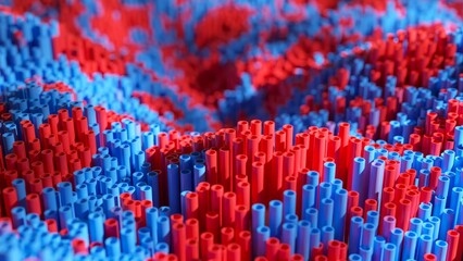 Obraz premium Creating an abstract 3d render of a wavy landscape, featuring vibrant red and blue cylinders, results in a visually striking and dynamic composition filled with geometric shapes