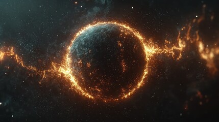 Obraz premium Burning planet in space with fiery ring.