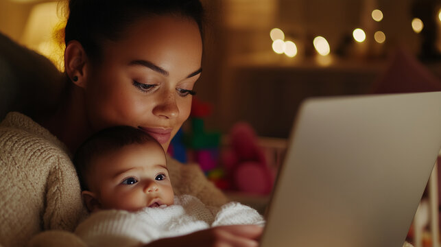 young woman mother working parent at home on parental leave, holding a baby while looking at a laptop