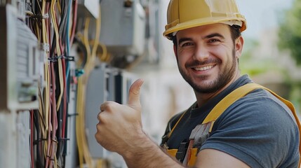 A skilled electrician is at work in a construction environment, focused on the electrical equipment. He wears a safety helmet and conveys a positive attitude with a thumbs up gesture