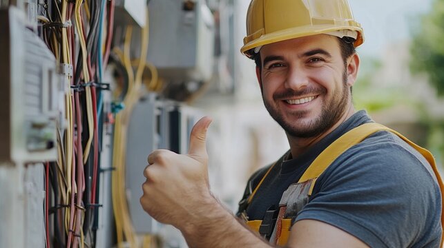 A skilled electrician is at work in a construction environment, focused on the electrical equipment. He wears a safety helmet and conveys a positive attitude with a thumbs up gesture