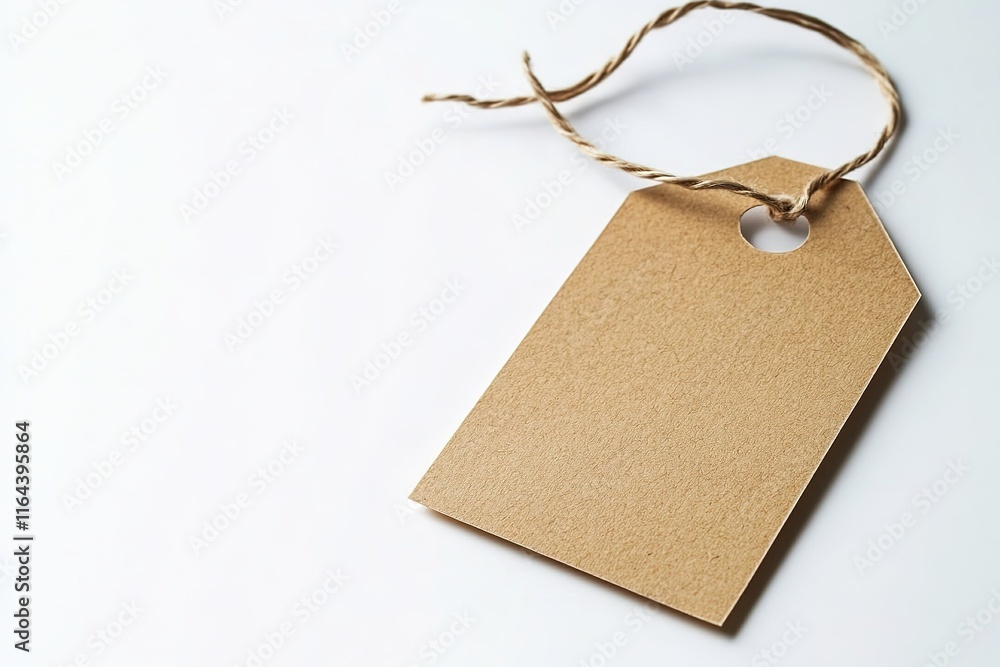 Poster simple kraft paper tag with string resting on clean white background for minimalist effect