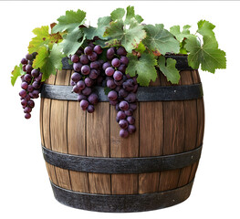 Wooden barrel with grapes isolated on a white background PNG file