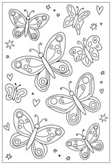 Butterflies design elements set in doodle style. Ornate decorative black and white illustration. Zentangle coloring book page