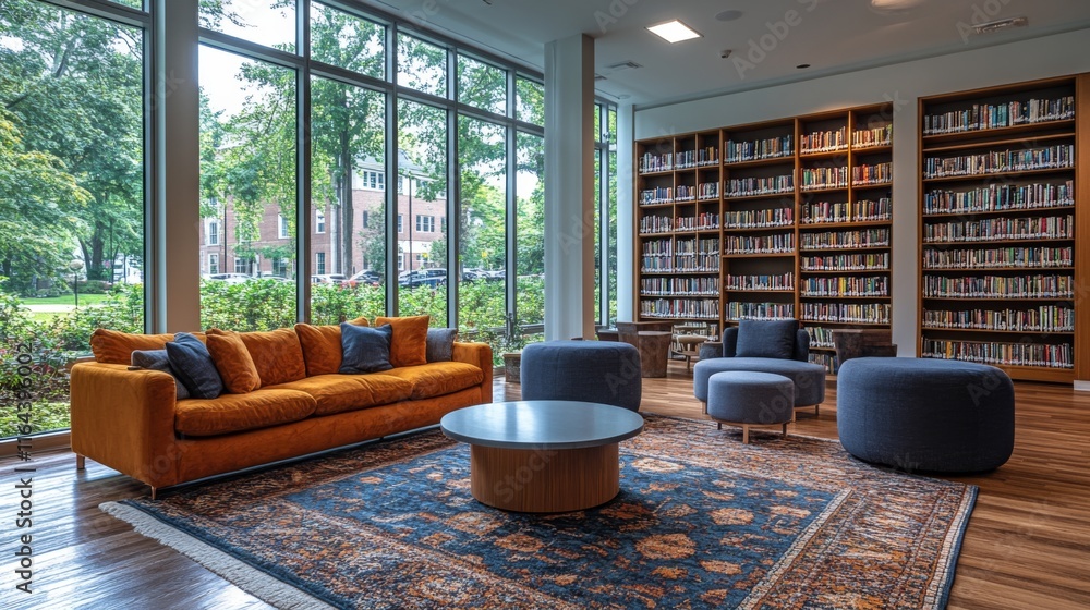 Poster a cozy reading area features a spacious orange couch and round coffee table. soft armchairs compleme