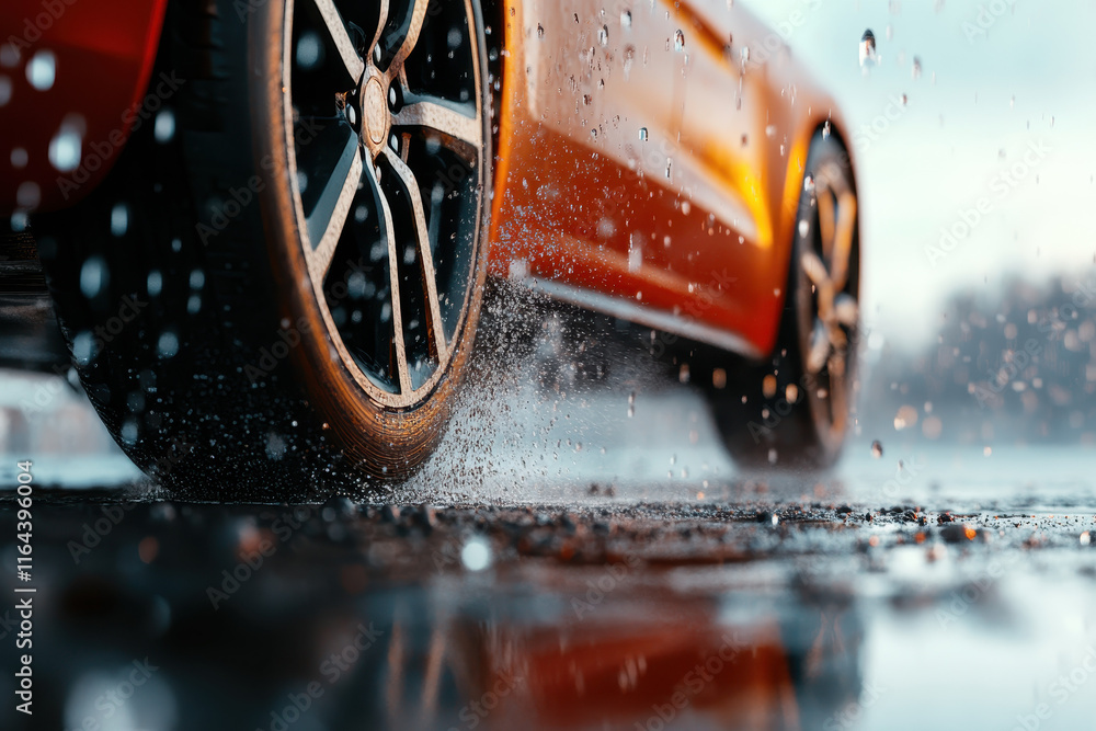 Aufkleber dynamic motion of a sleek red car in rain - capturing speed, power, and performance with splashes an