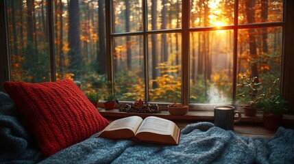 Cozy reading nook with a book, blanket, and scenic forest view at sunset.
