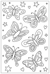 Butterflies design elements set in doodle style. Ornate decorative black and white illustration. Zentangle coloring book page