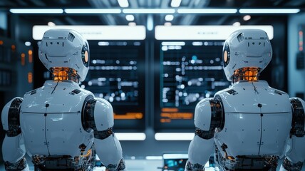 Robot Team concept. Two humanoid robots monitor high-tech screens in a futuristic control room.