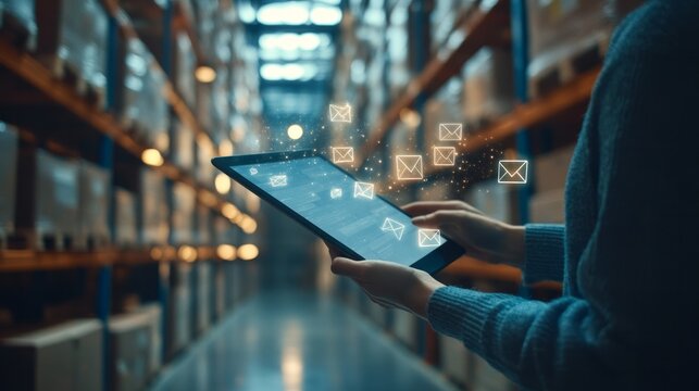 In a bustling warehouse, an individual interacts with a tablet displaying floating email notifications, enhancing inventory management and communication efficiency