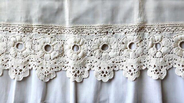 Intricate lace trim showcasing floral design on a soft white fabric background