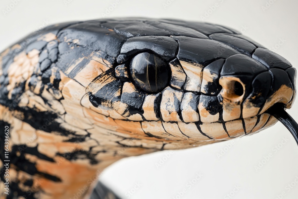 Poster a detailed view of a snake's head on a statue, suitable for use in illustrations or designs where re