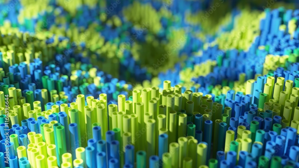 Poster abstract landscape is forming rolling hills with countless green and blue tubes, creating a visually