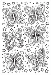 Butterflies design elements set in doodle style. Ornate decorative black and white illustration. Zentangle coloring book page