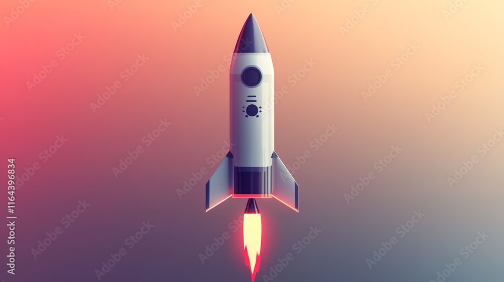 Poster futuristic rocket icon in flat illustration style with bold primary colors and soft gradients creati