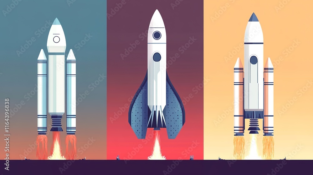 Poster futuristic rocket icon in flat illustration style with bold primary colors and soft gradients creati
