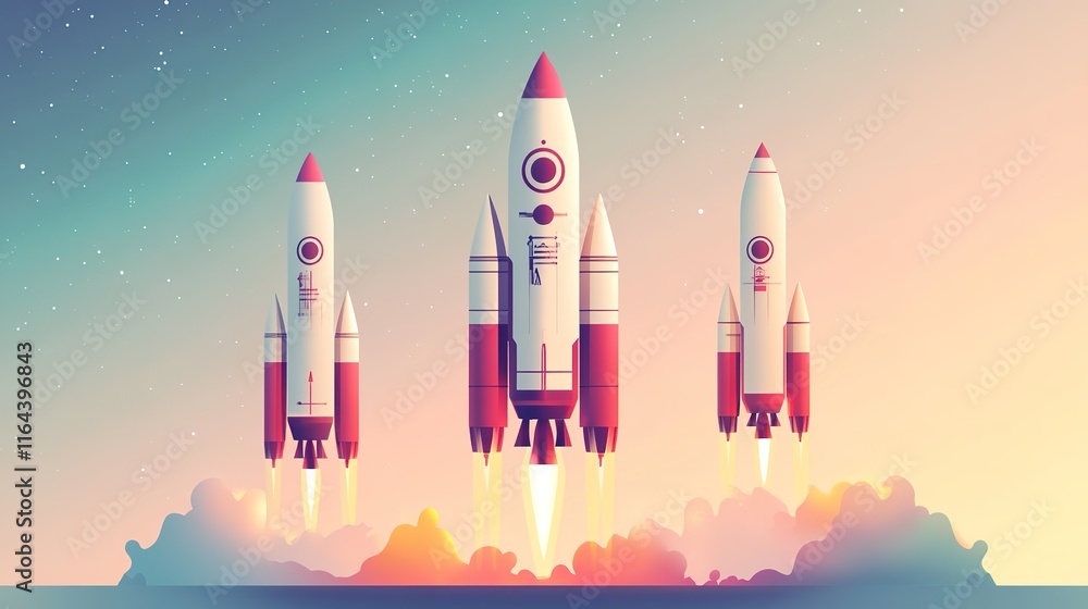Poster futuristic rocket icon in flat illustration style with bold primary colors and soft gradients creati