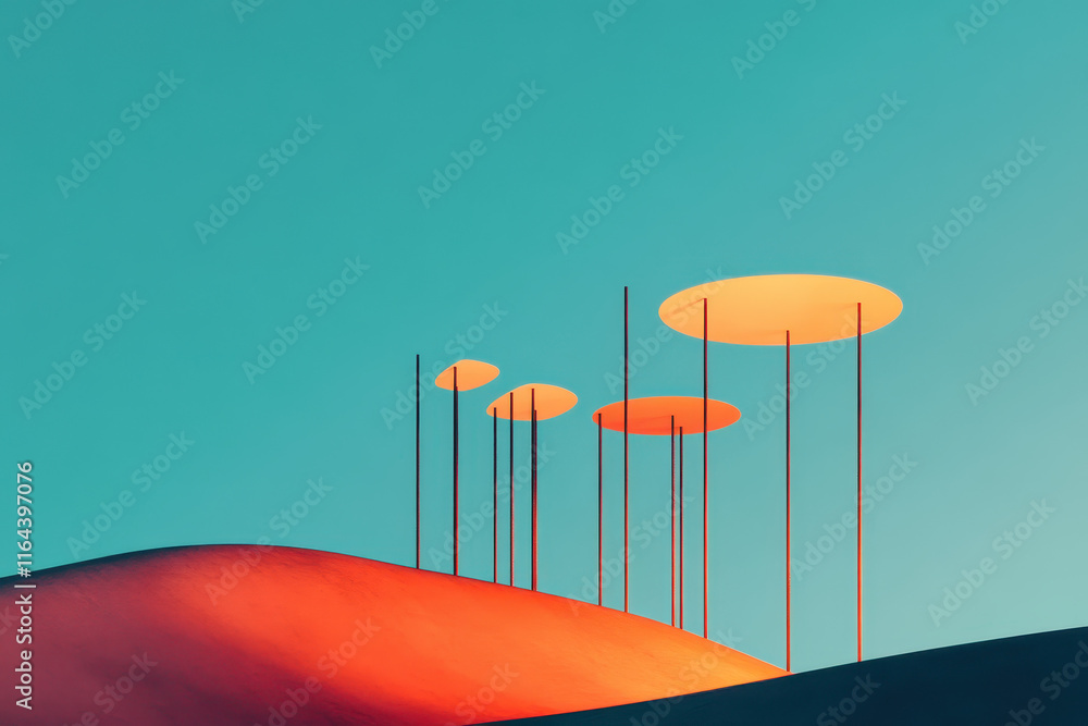 Poster captivating minimalist landscape art with surreal geometric forms and vivid colors creating a harmon