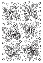 Butterflies design elements set in doodle style. Ornate decorative black and white illustration. Zentangle coloring book page