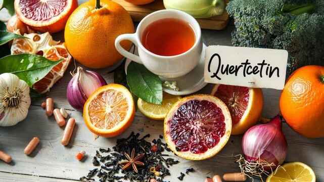 Quercetin is found in foods. Selective focus.
