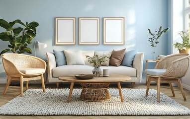 Serene living room interior with light blue walls, white sofa, wicker chairs, and a coffee table.