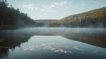 Tranquil morning reflections on a peaceful lake surrounded by majestic mountains