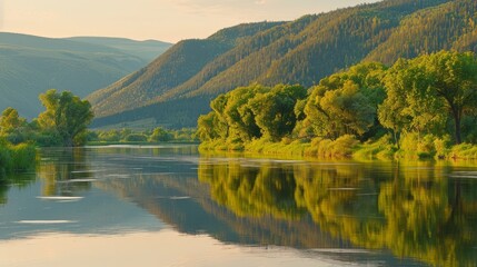 Tranquil dawn reflections on a calm mountain lake  a serene nature photography experience