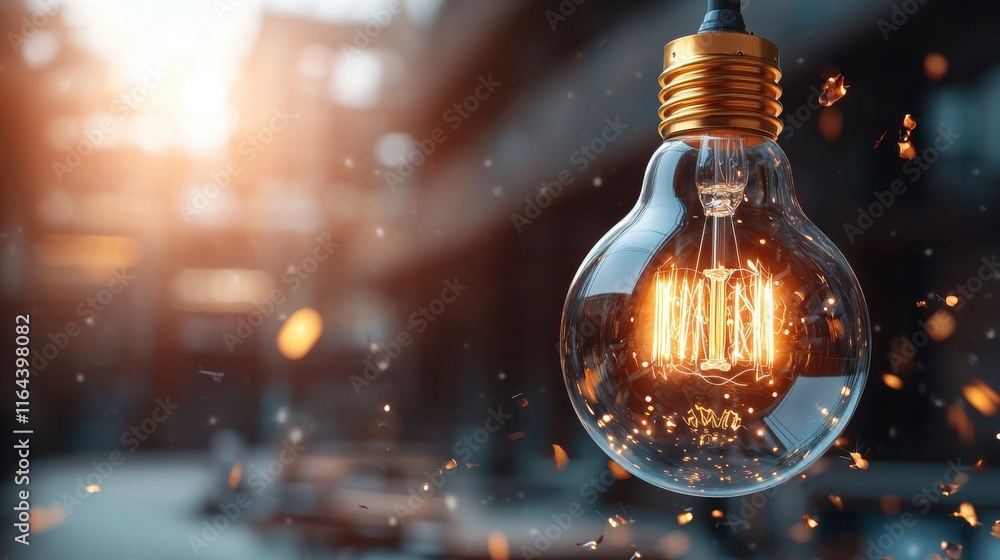 Poster a glowing light bulb hangs in a dimly lit setting, casting warm light and surrounded by a soft bokeh