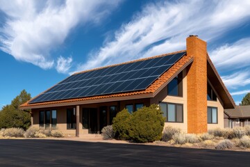 Naklejka premium Modern House with Solar Panels Under Blue Sky and Wispy Clouds