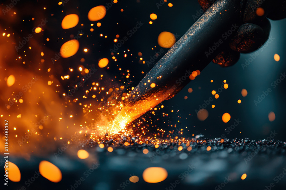 Aufkleber dynamic craftsmanship: capturing the ferocity of metalwork with molten sparks and precision tools in