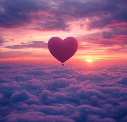 Fototapeta premium Romantic Valentine's Day Heart-Shaped Hot Air Balloon in Dreamy Sunset Sky