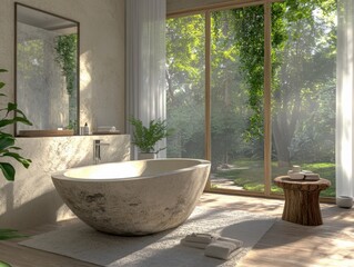 Fototapeta premium A large bathtub with a wooden stool and a plant in front of it. There are two towels on the floor