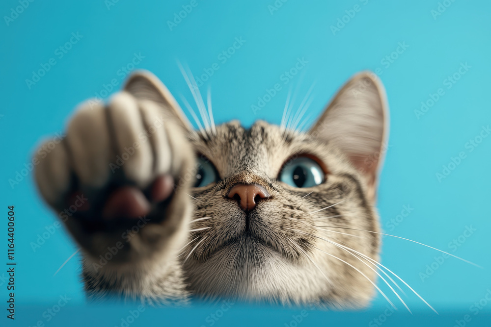 Poster captivating closeup of a playful cat reaching out with paws displaying whiskers and curiosity agains