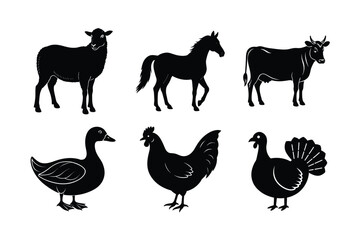 Farm Animal Silhouettes: Sheep, Cow, Horse, Chicken, Duck, and Turkey