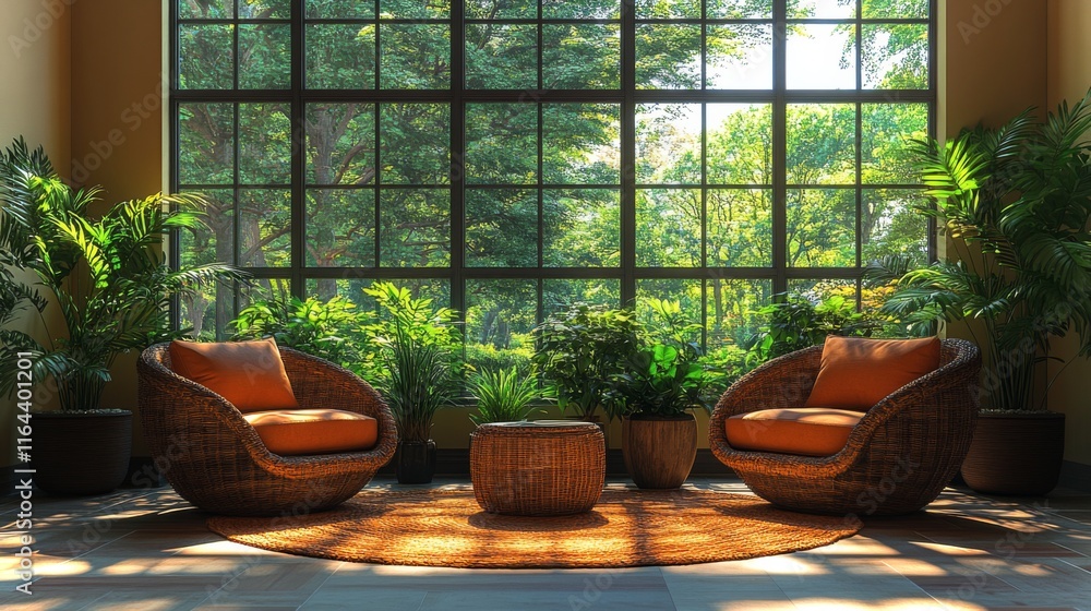 Poster two comfortable wicker chairs with orange cushions are positioned around a small table, surrounded b